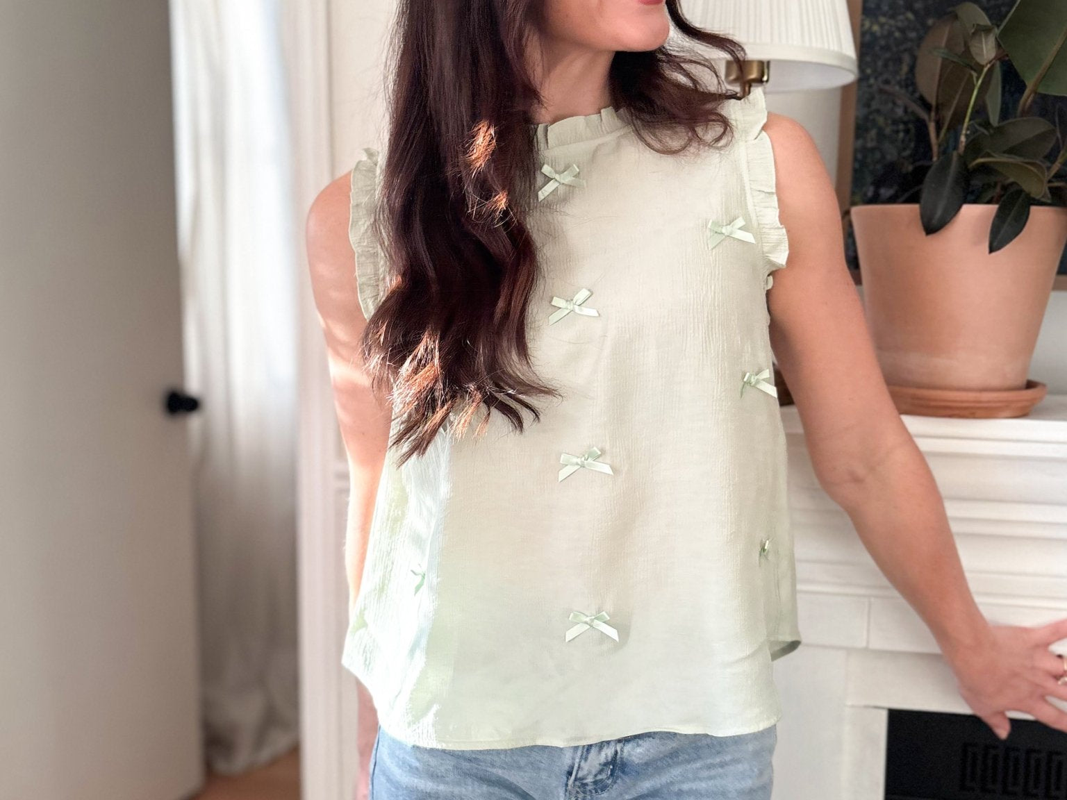 The Raelynn Ribbon Bow Pattern Ruffle Trim Sleeveless Top - Love and Lee Apparel