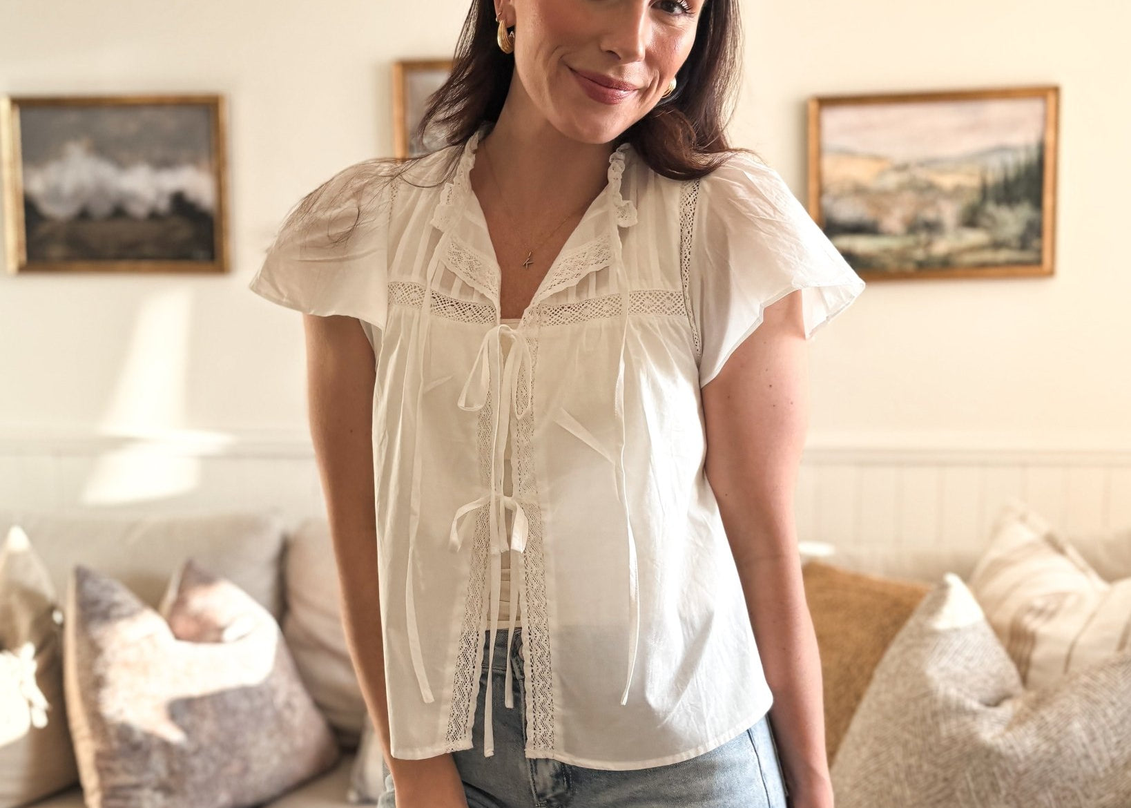 The Robin Pintuck Lace Yoke Ruffle Detail Front Tie Blouse in White - Love and Lee Apparel