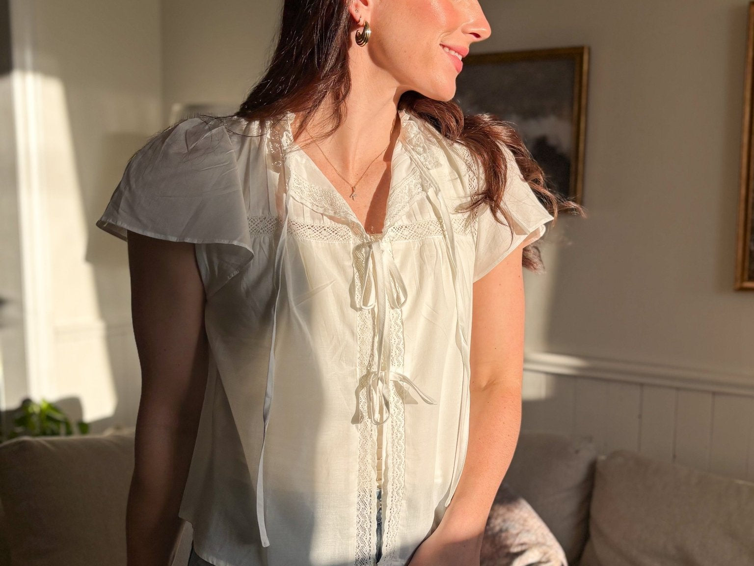 The Robin Pintuck Lace Yoke Ruffle Detail Front Tie Blouse in White - Love and Lee Apparel