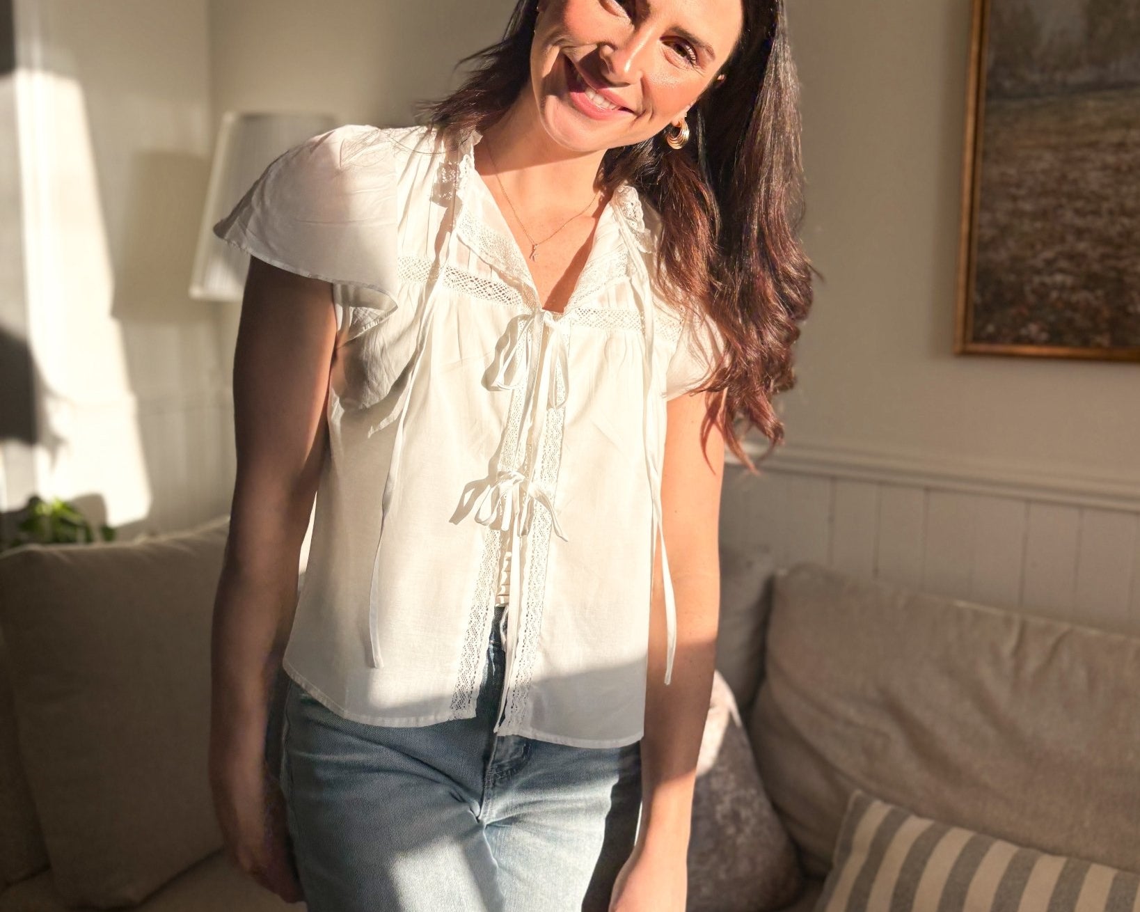 The Robin Pintuck Lace Yoke Ruffle Detail Front Tie Blouse in White - Love and Lee Apparel