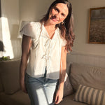 The Robin Pintuck Lace Yoke Ruffle Detail Front Tie Blouse in White - Love and Lee Apparel