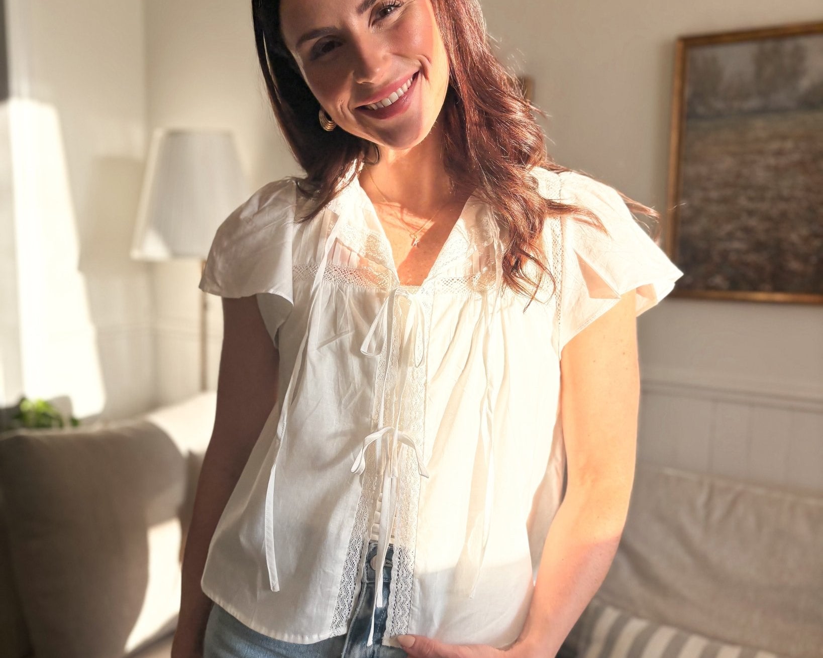 The Robin Pintuck Lace Yoke Ruffle Detail Front Tie Blouse in White - Love and Lee Apparel