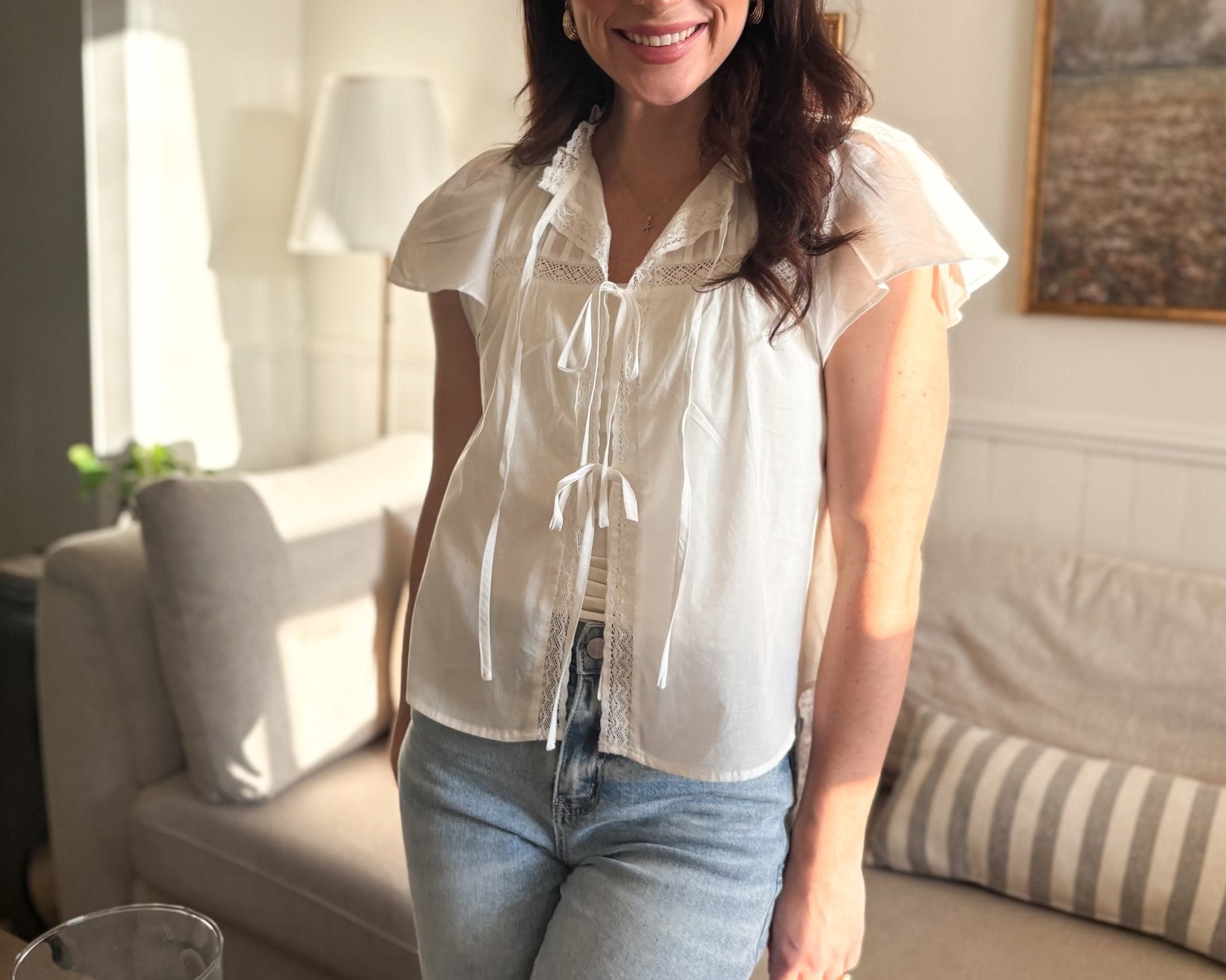 The Robin Pintuck Lace Yoke Ruffle Detail Front Tie Blouse in White - Love and Lee Apparel