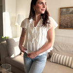 The Robin Pintuck Lace Yoke Ruffle Detail Front Tie Blouse in White - Love and Lee Apparel