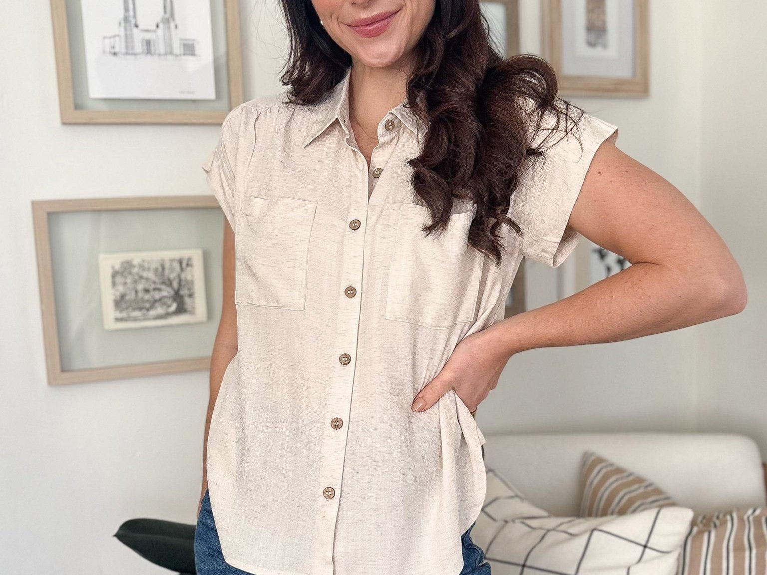 The Ollie Collared Ruched Shoulder Short Sleeve Blouse in Oatmeal - Love and Lee Apparel