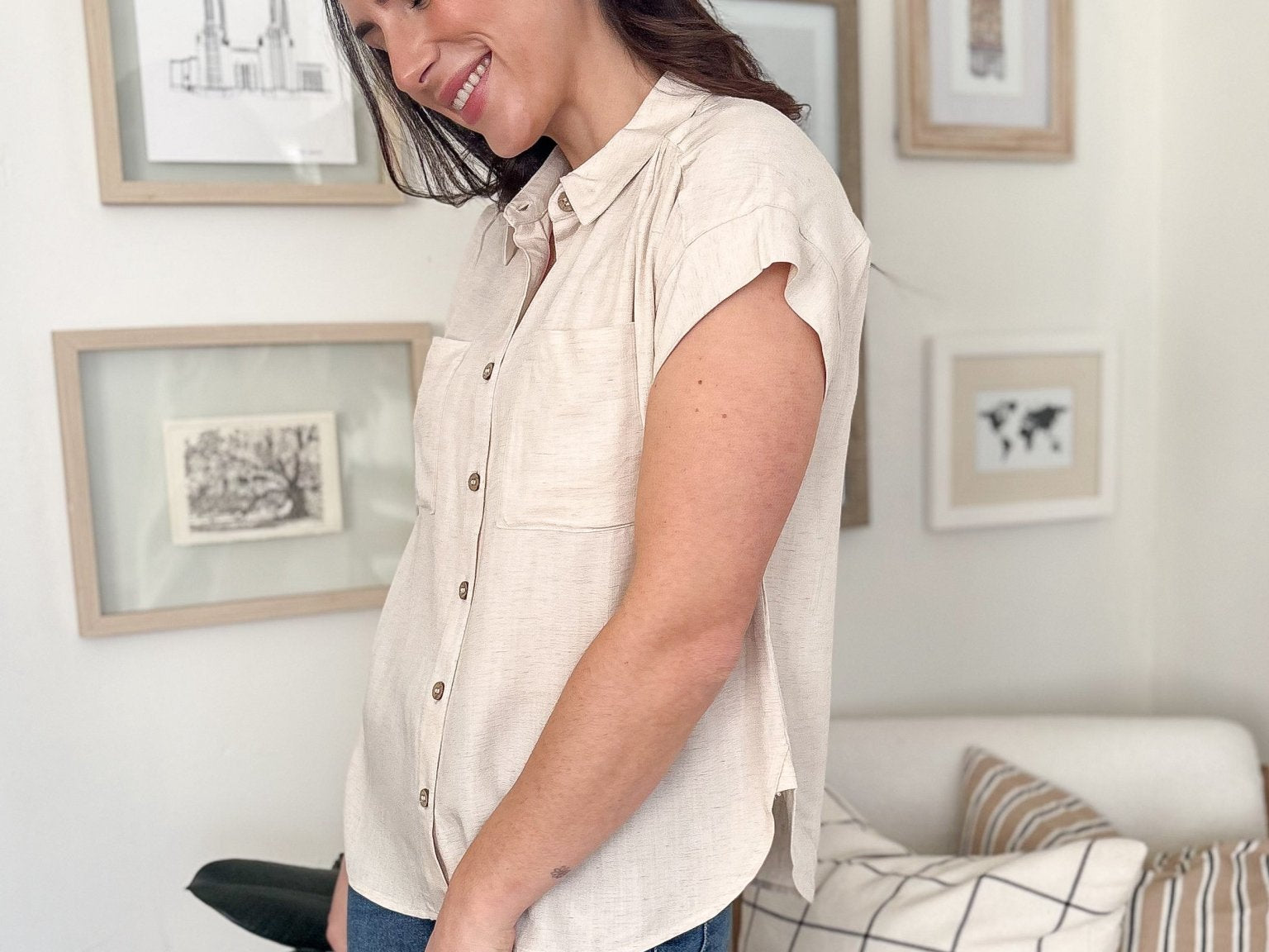 The Ollie Collared Ruched Shoulder Short Sleeve Blouse in Oatmeal - Love and Lee Apparel