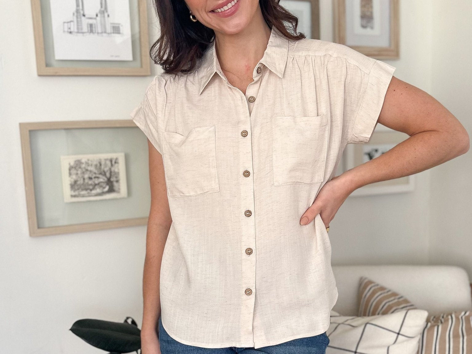 The Ollie Collared Ruched Shoulder Short Sleeve Blouse in Oatmeal - Love and Lee Apparel