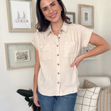 The Ollie Collared Ruched Shoulder Short Sleeve Blouse in Oatmeal - Love and Lee Apparel