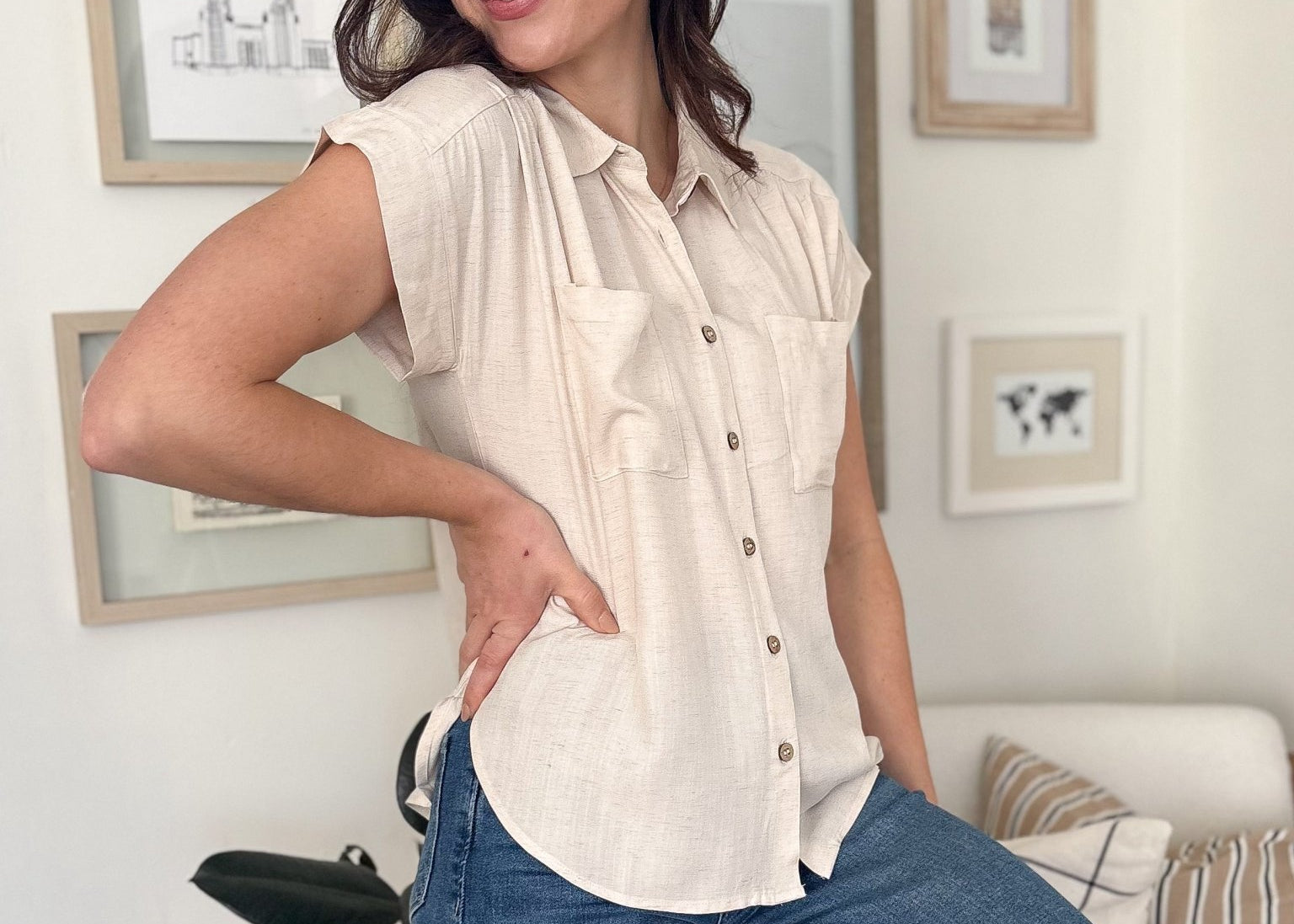 The Ollie Collared Ruched Shoulder Short Sleeve Blouse in Oatmeal - Love and Lee Apparel