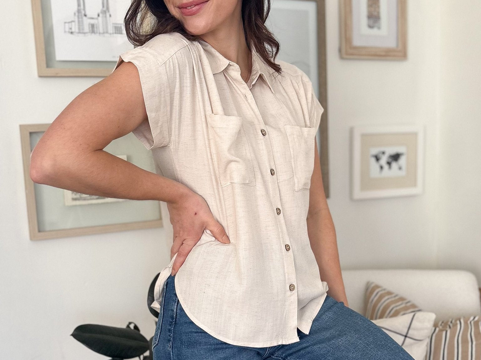 The Ollie Collared Ruched Shoulder Short Sleeve Blouse in Oatmeal - Love and Lee Apparel