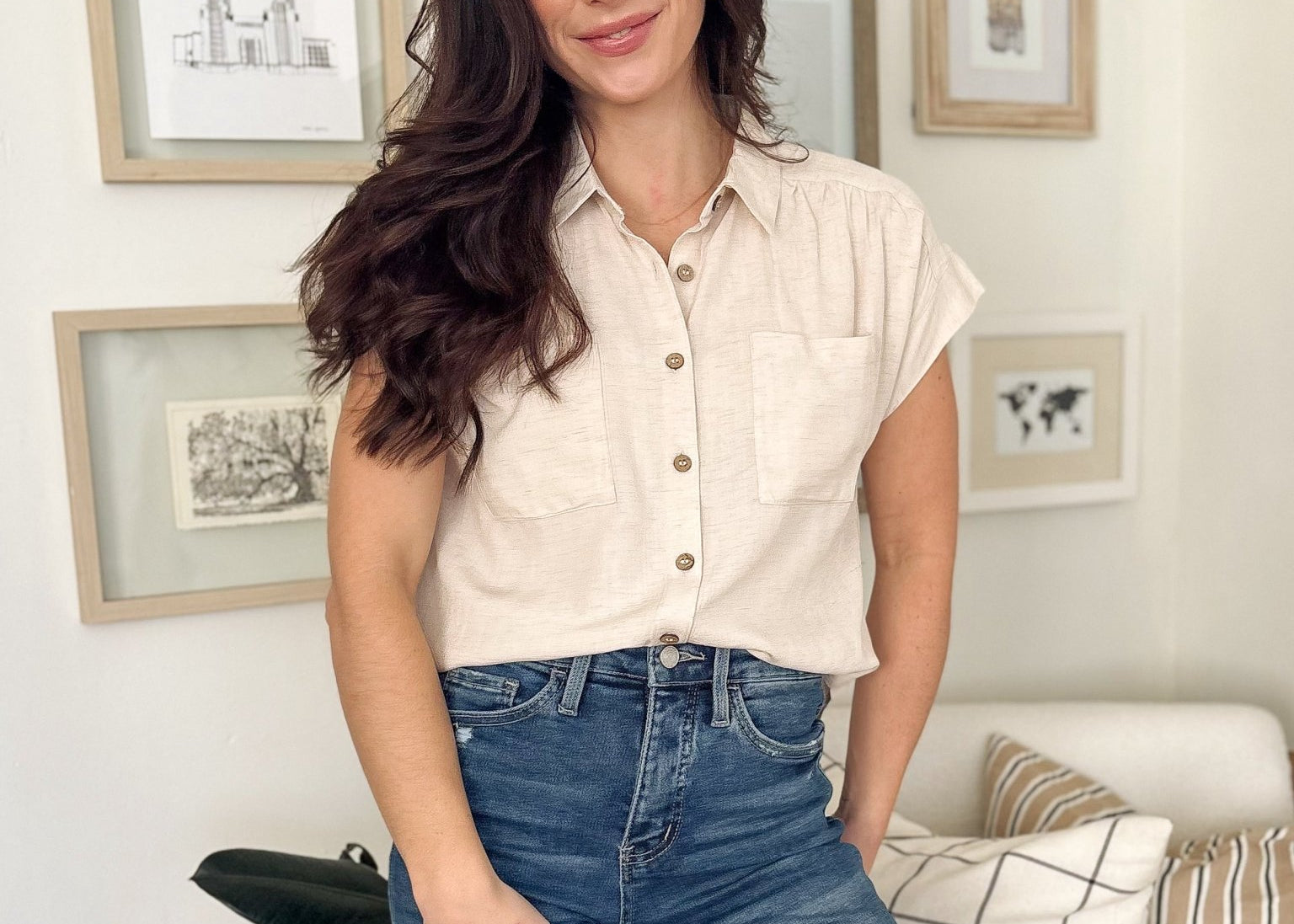 The Ollie Collared Ruched Shoulder Short Sleeve Blouse in Oatmeal - Love and Lee Apparel