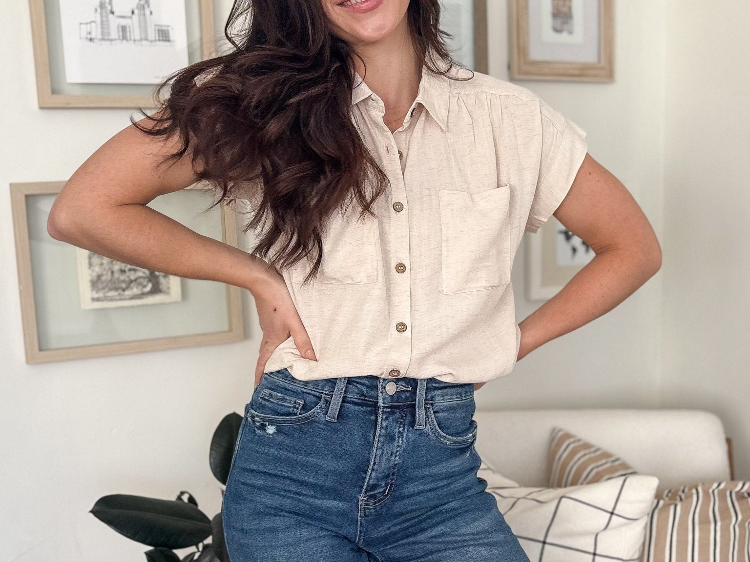 The Ollie Collared Ruched Shoulder Short Sleeve Blouse in Oatmeal - Love and Lee Apparel