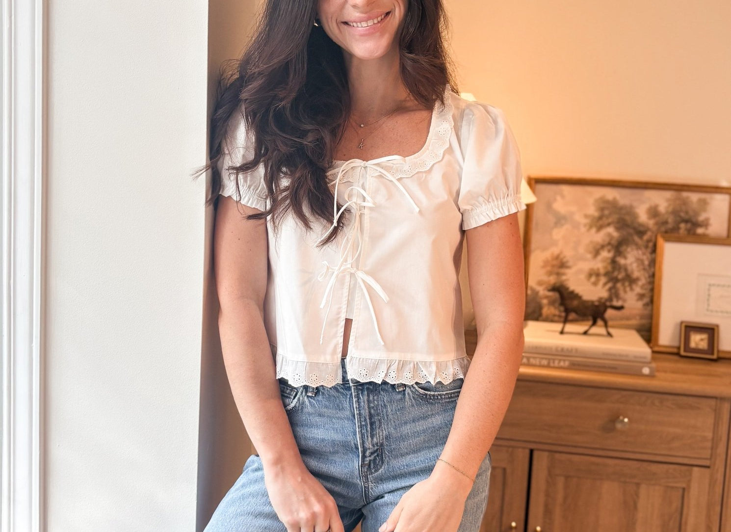 The Sutton Short Sleeve Square Neck Blouse with Eyelet Lace Trim & Tie - Love and Lee Apparel