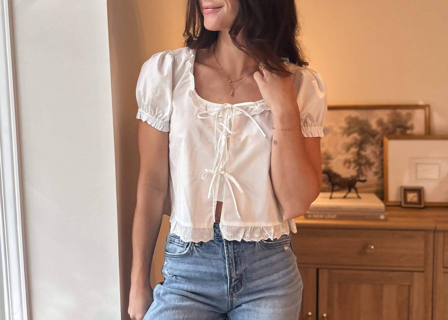 The Sutton Short Sleeve Square Neck Blouse with Eyelet Lace Trim & Tie - Love and Lee Apparel