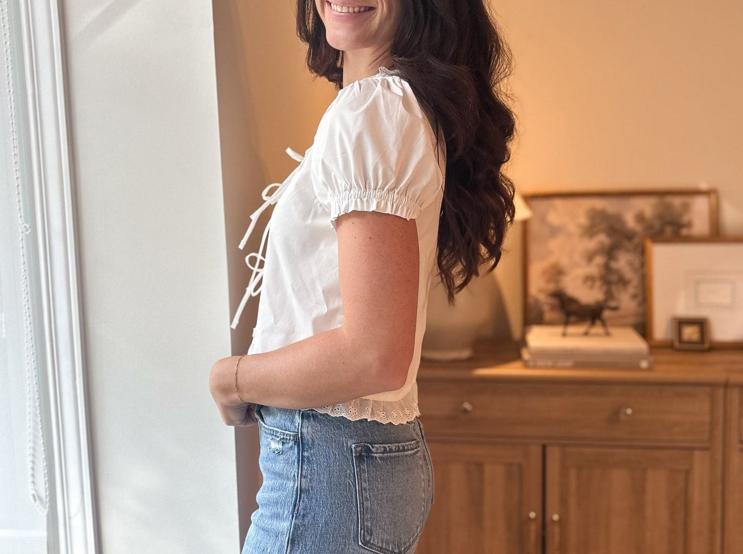 The Sutton Short Sleeve Square Neck Blouse with Eyelet Lace Trim & Tie - Love and Lee Apparel
