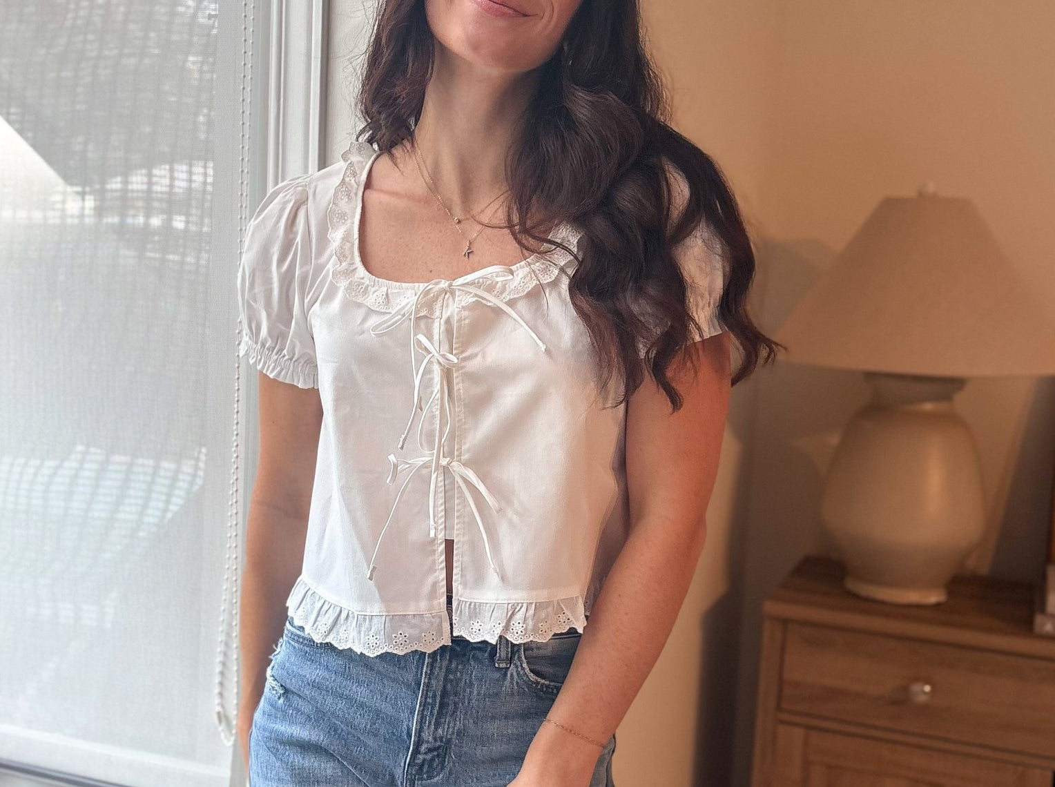 The Sutton Short Sleeve Square Neck Blouse with Eyelet Lace Trim & Tie - Love and Lee Apparel