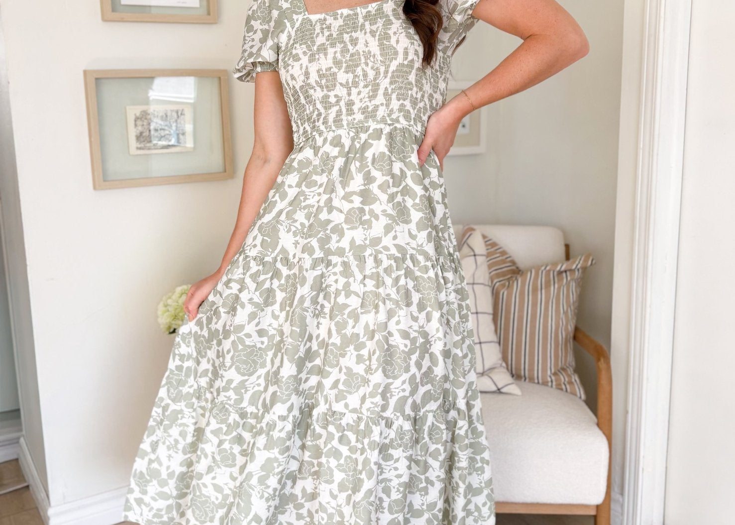 The Harmonee Floral Puff Sleeve Smocked Tiered Midi Dress - Love and Lee Apparel