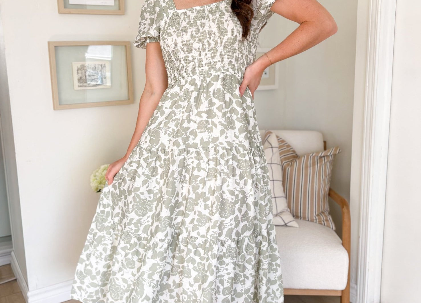 The Harmonee Floral Puff Sleeve Smocked Tiered Midi Dress - Love and Lee Apparel