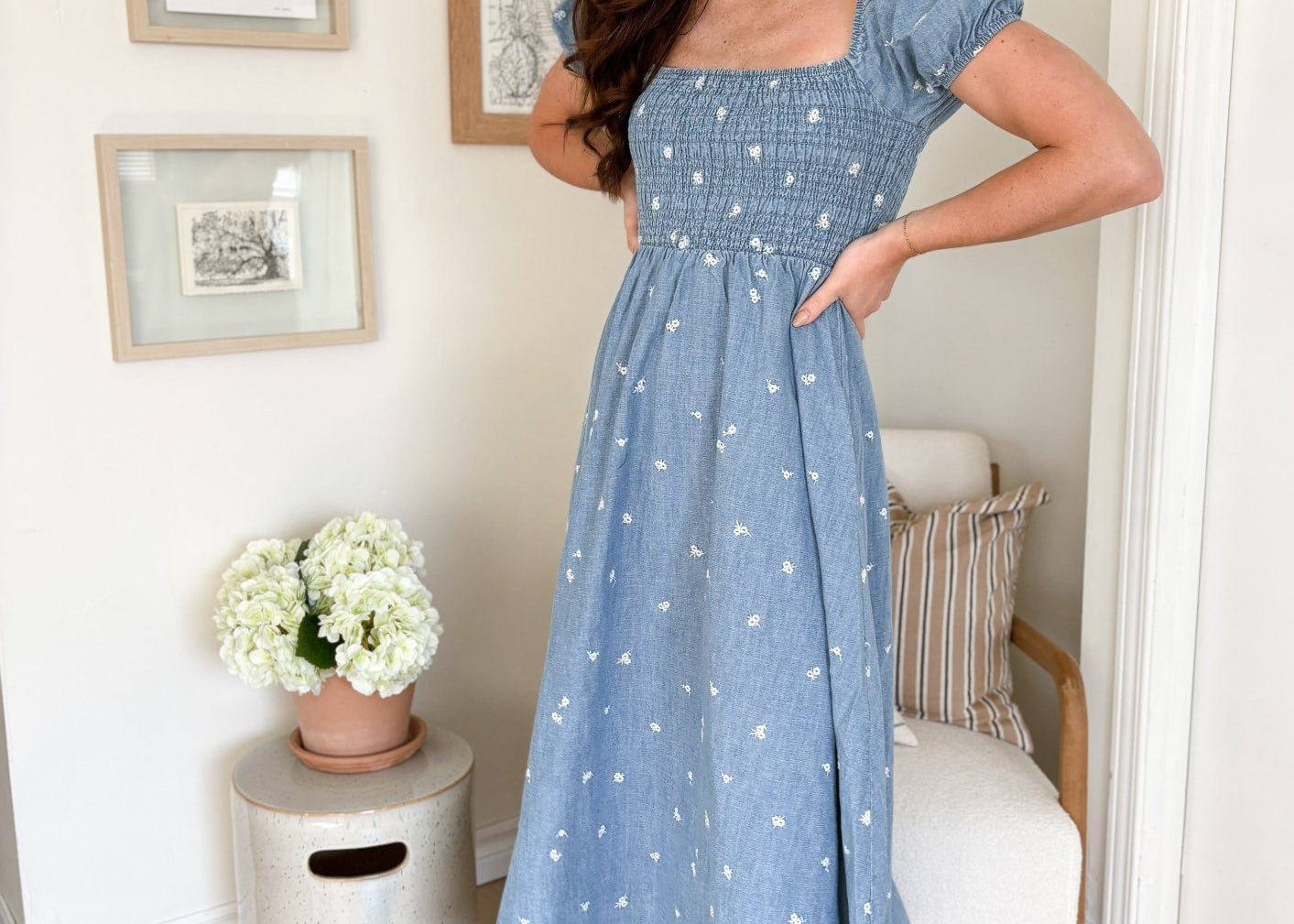 The Yvonne Floral Embroidery Smocked Denim Midi Dress - Love and Lee Apparel
