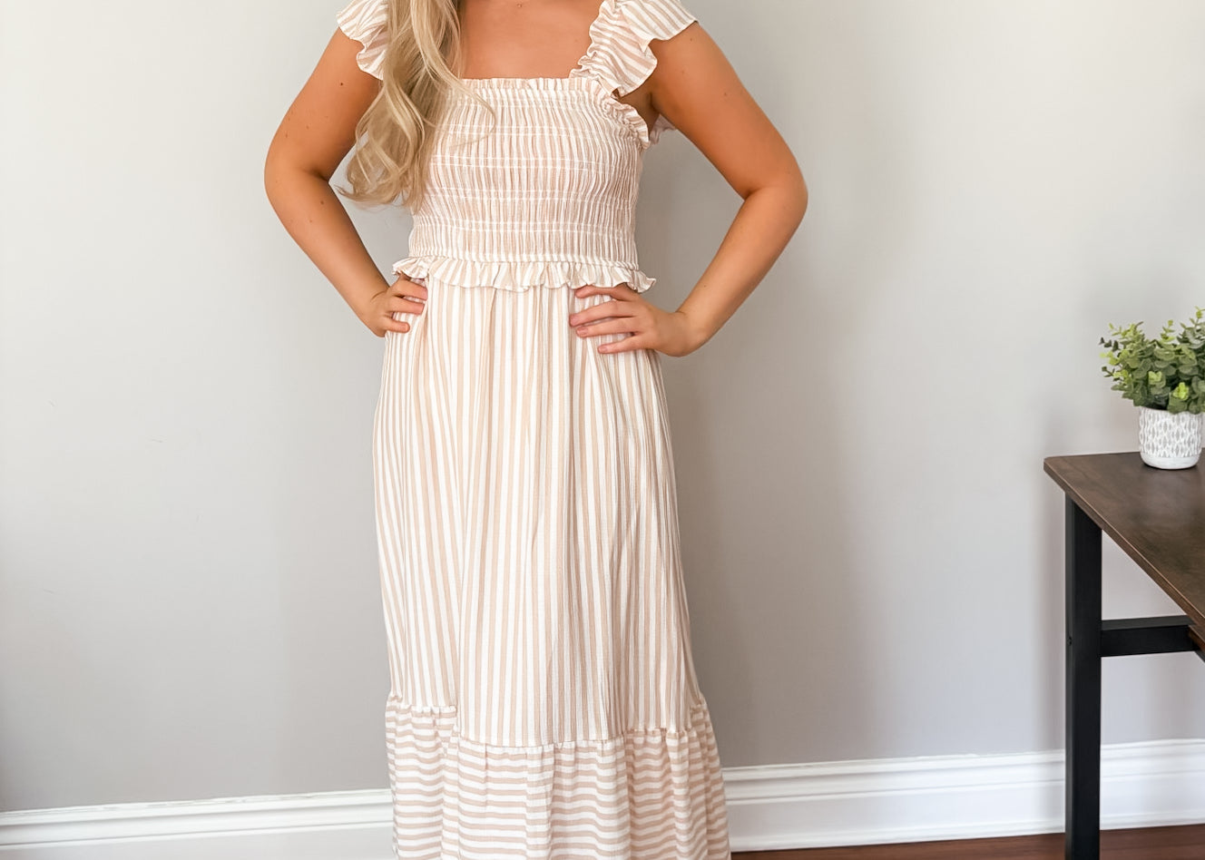 The Macy Stripe Smocked Ruffle Trim Midi Dress - Love and Lee Apparel