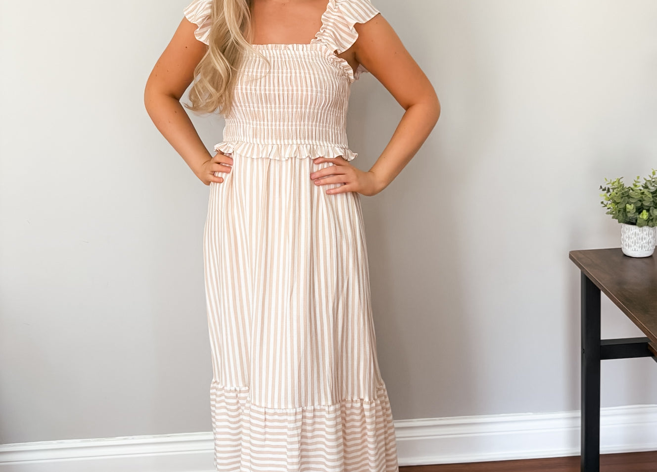 The Macy Stripe Smocked Ruffle Trim Midi Dress - Love and Lee Apparel