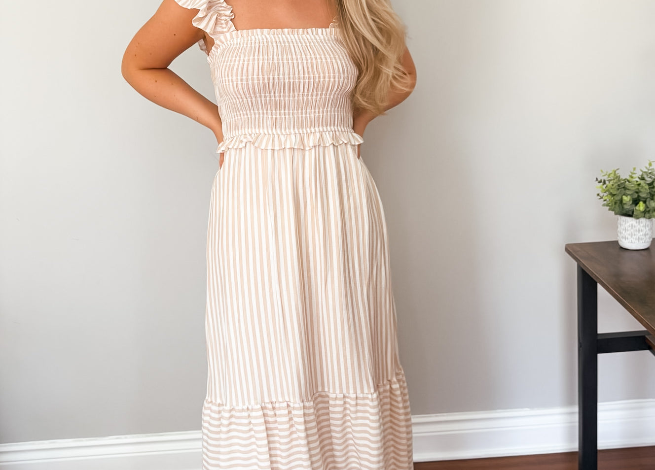 The Macy Stripe Smocked Ruffle Trim Midi Dress - Love and Lee Apparel