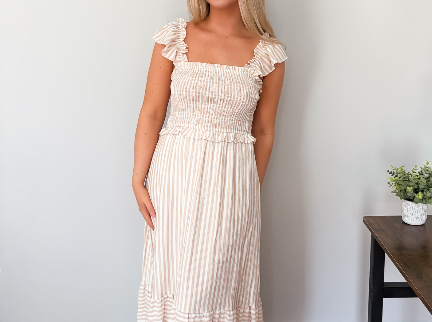 The Macy Stripe Smocked Ruffle Trim Midi Dress - Love and Lee Apparel