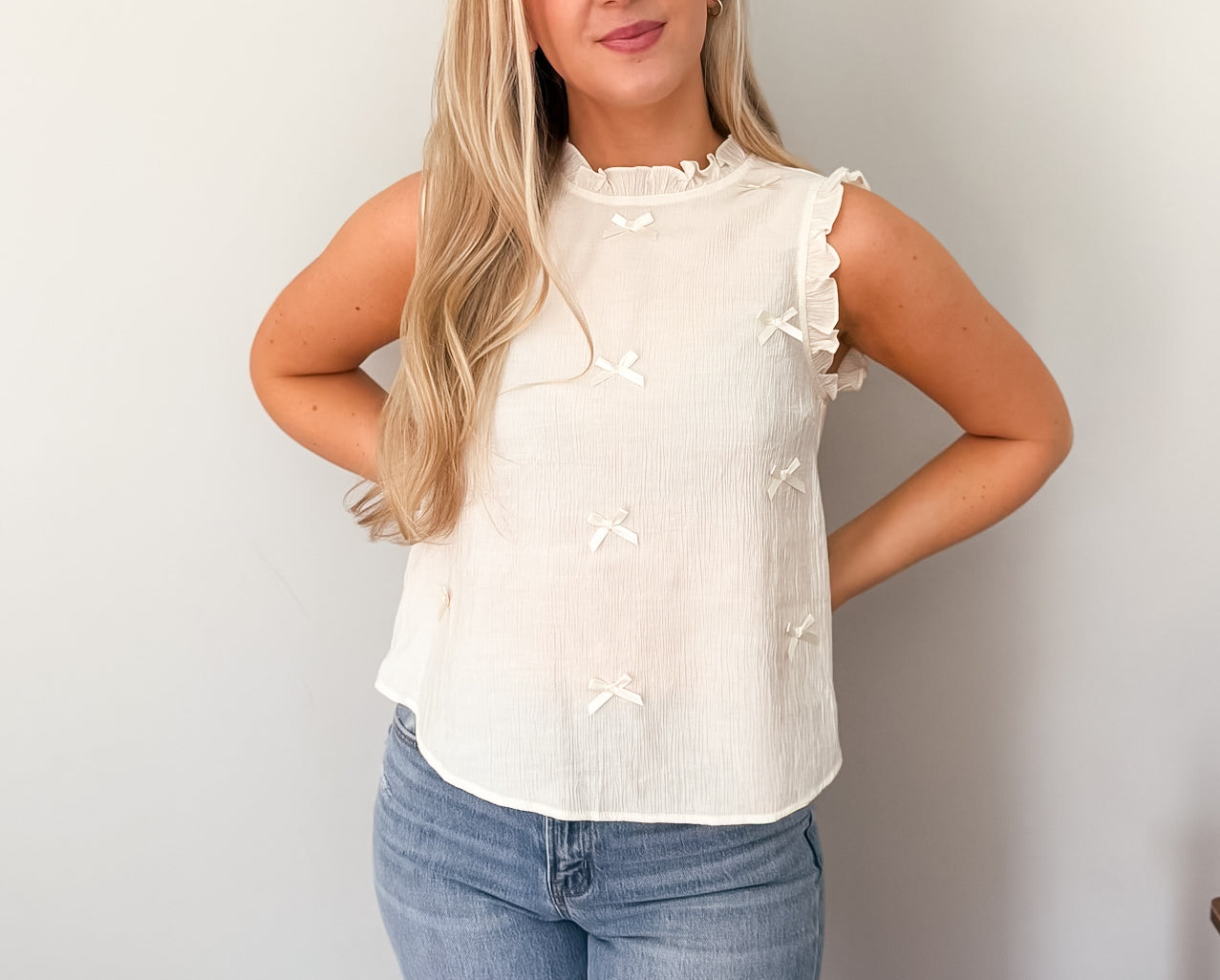 Rachel Ribbon Bow Pattern Ruffle Trim Sleeveless Top - Love and Lee Apparel