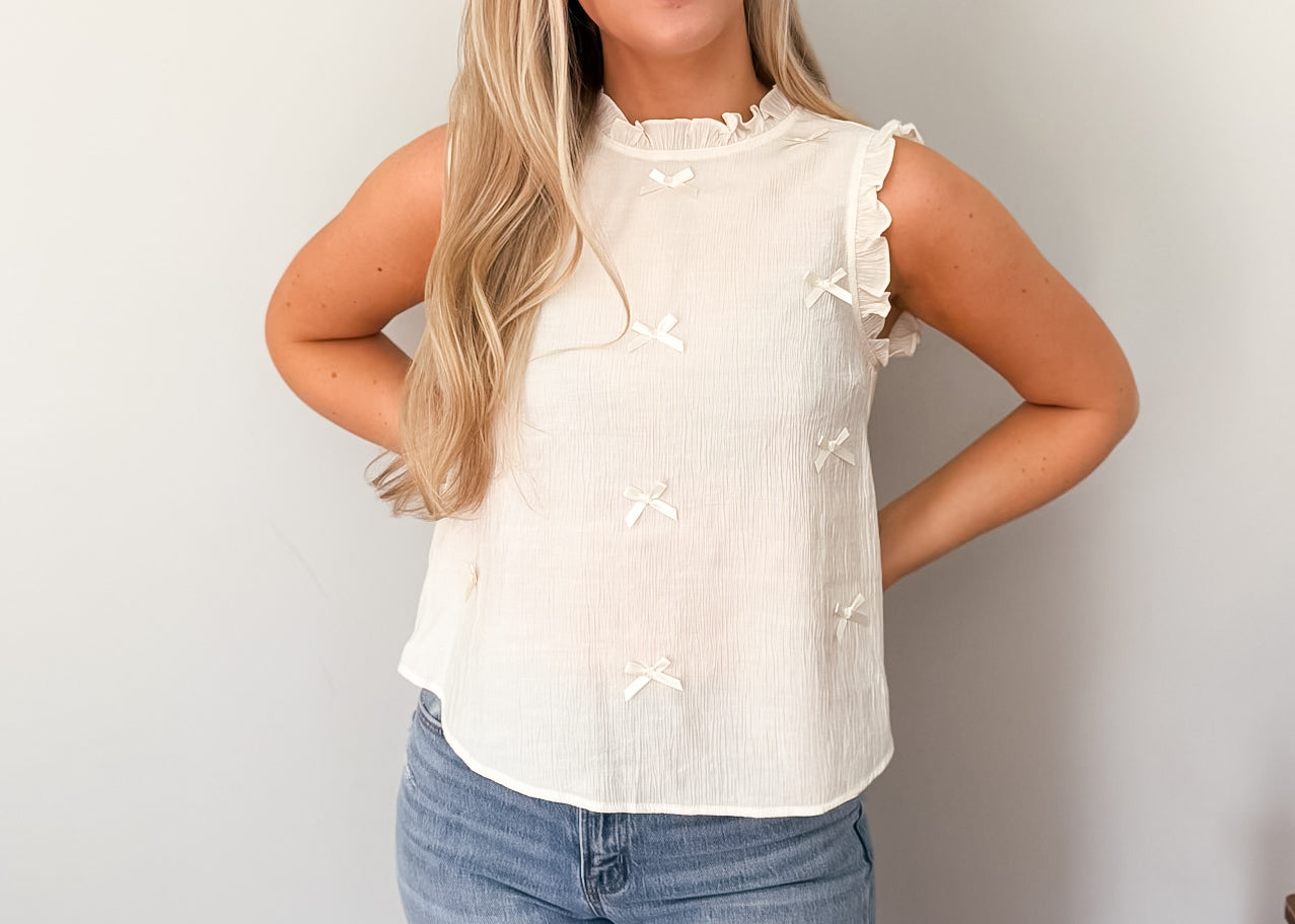Rachel Ribbon Bow Pattern Ruffle Trim Sleeveless Top - Love and Lee Apparel