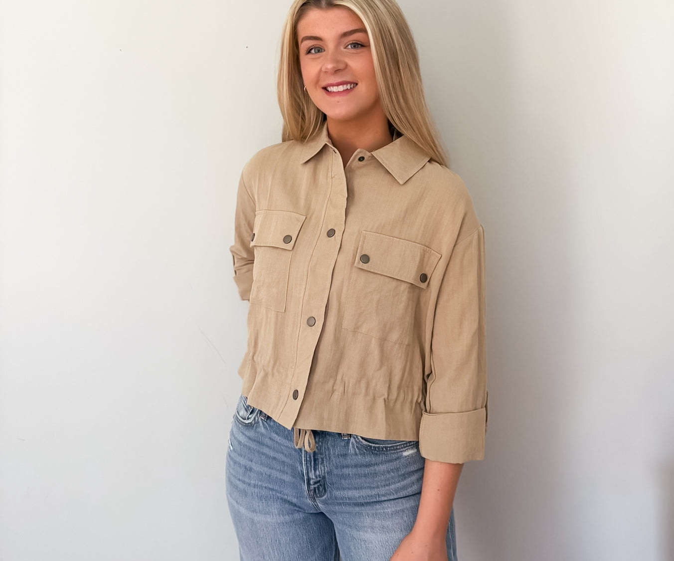 Nathalie Collared Drawstring Light Jacket - Love and Lee Apparel