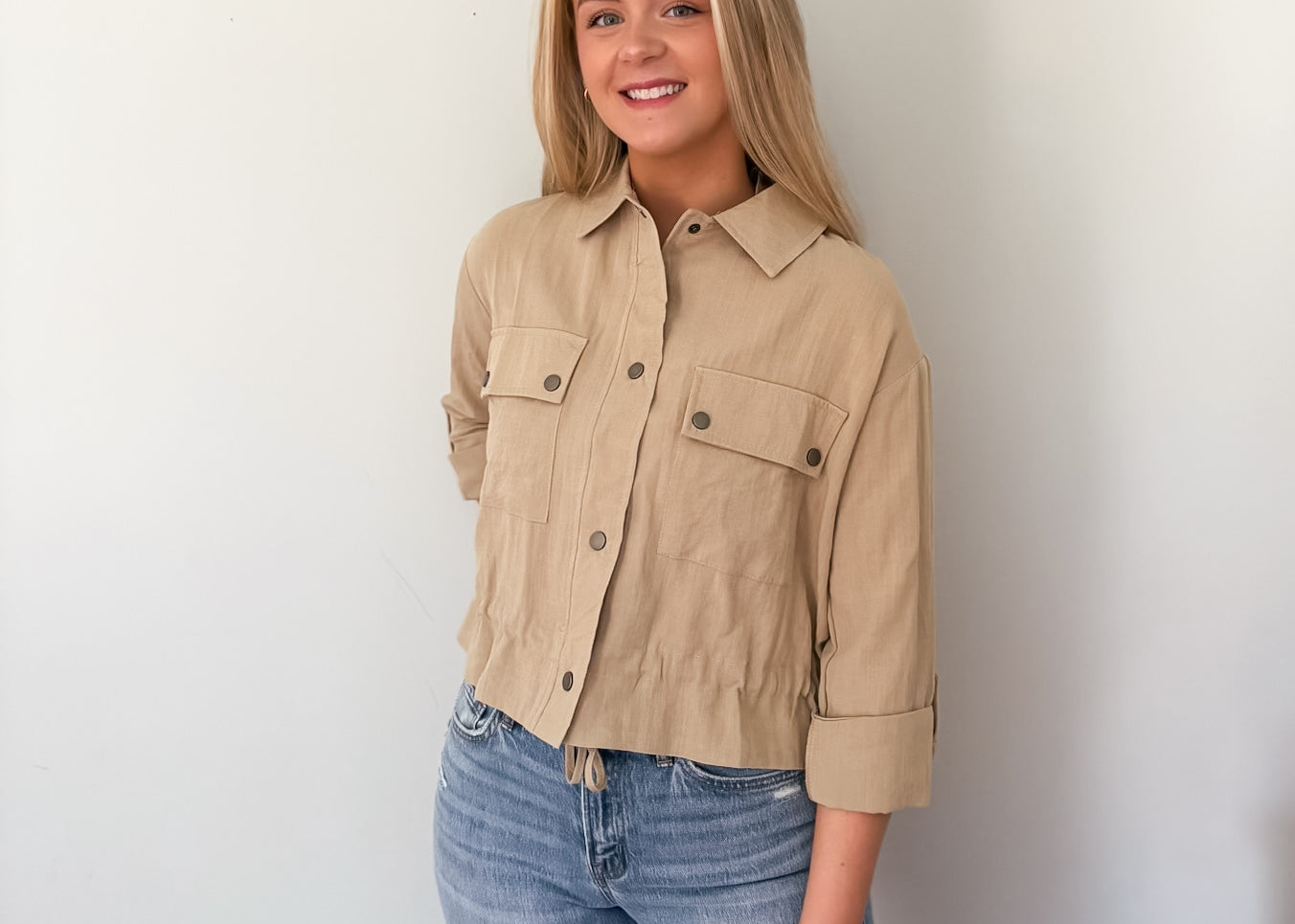 Nathalie Collared Drawstring Light Jacket - Love and Lee Apparel