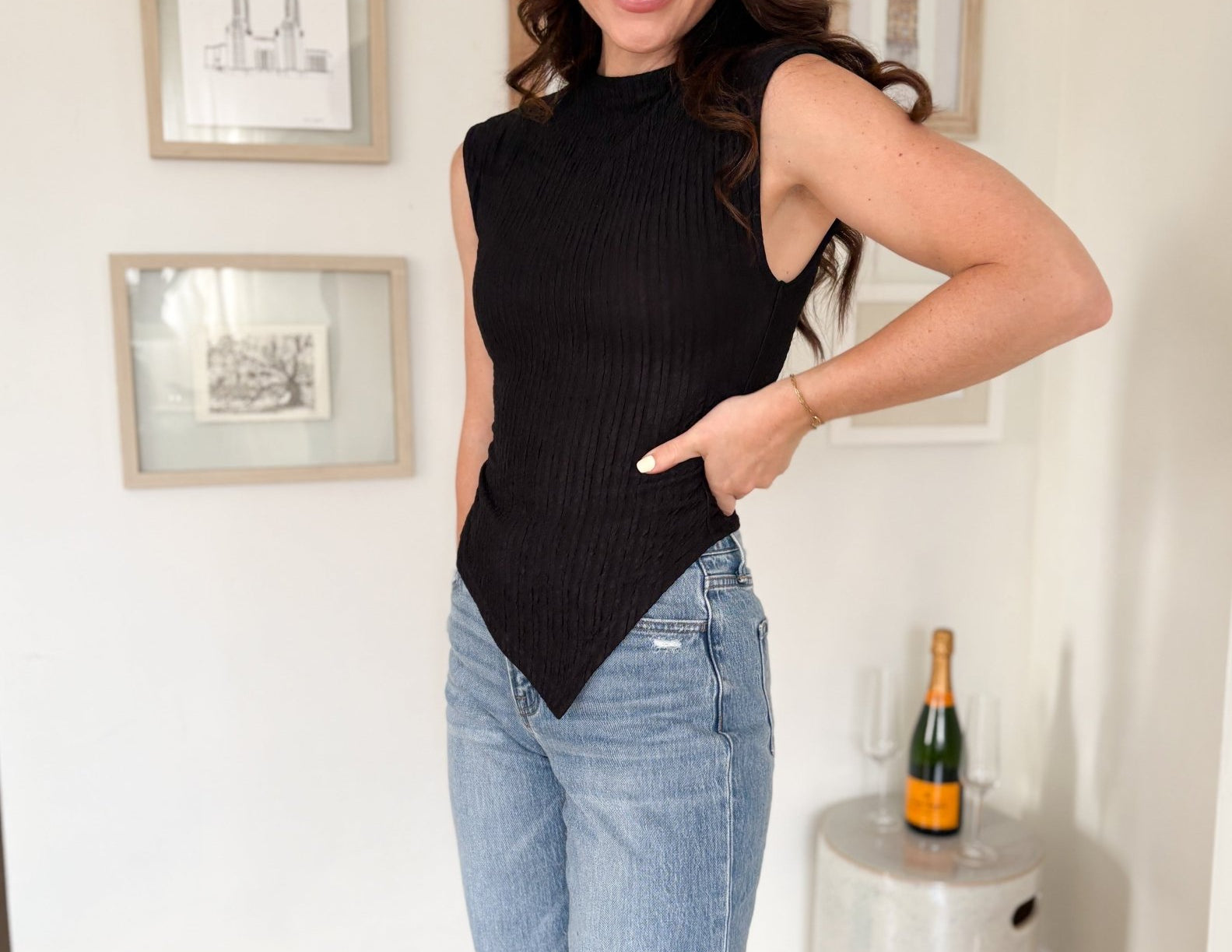 The Noelle Asymmetrical Hem Mock Neck Sleeveless Knit Top in Black - Love and Lee Apparel