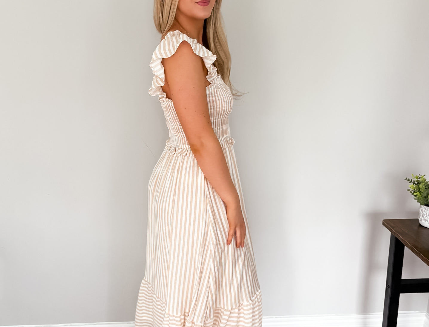 The Macy Stripe Smocked Ruffle Trim Midi Dress - Love and Lee Apparel