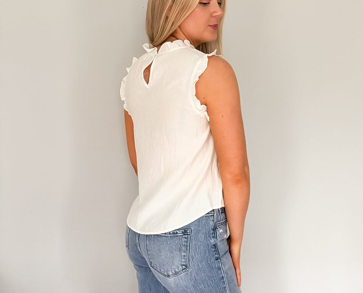 Rachel Ribbon Bow Pattern Ruffle Trim Sleeveless Top - Love and Lee Apparel