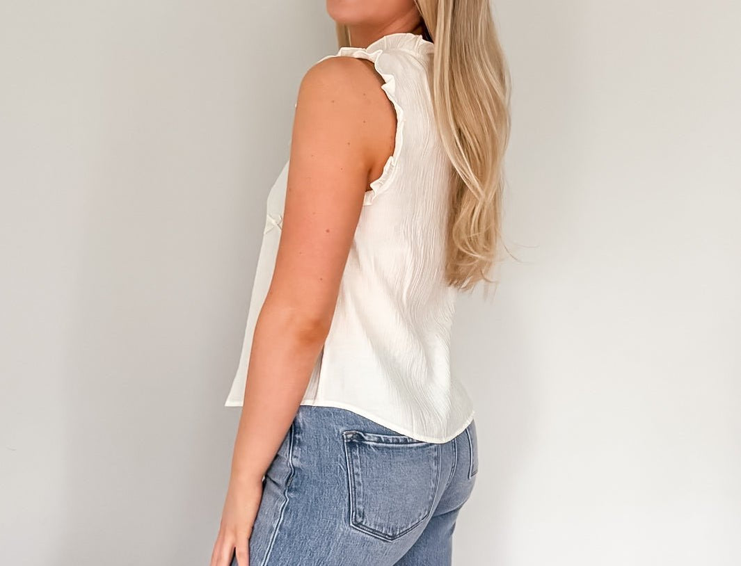 Rachel Ribbon Bow Pattern Ruffle Trim Sleeveless Top - Love and Lee Apparel