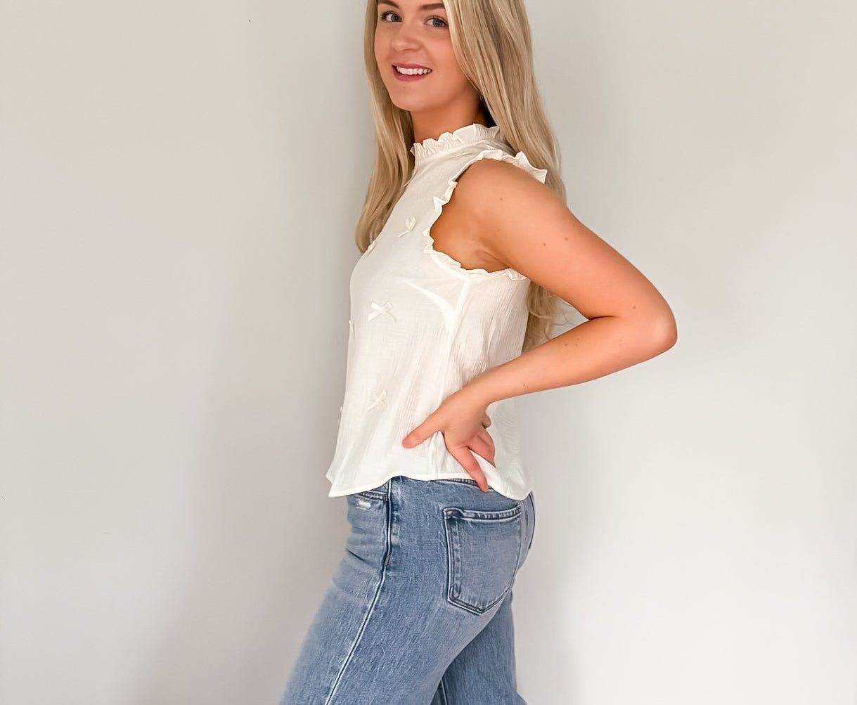 Rachel Ribbon Bow Pattern Ruffle Trim Sleeveless Top - Love and Lee Apparel