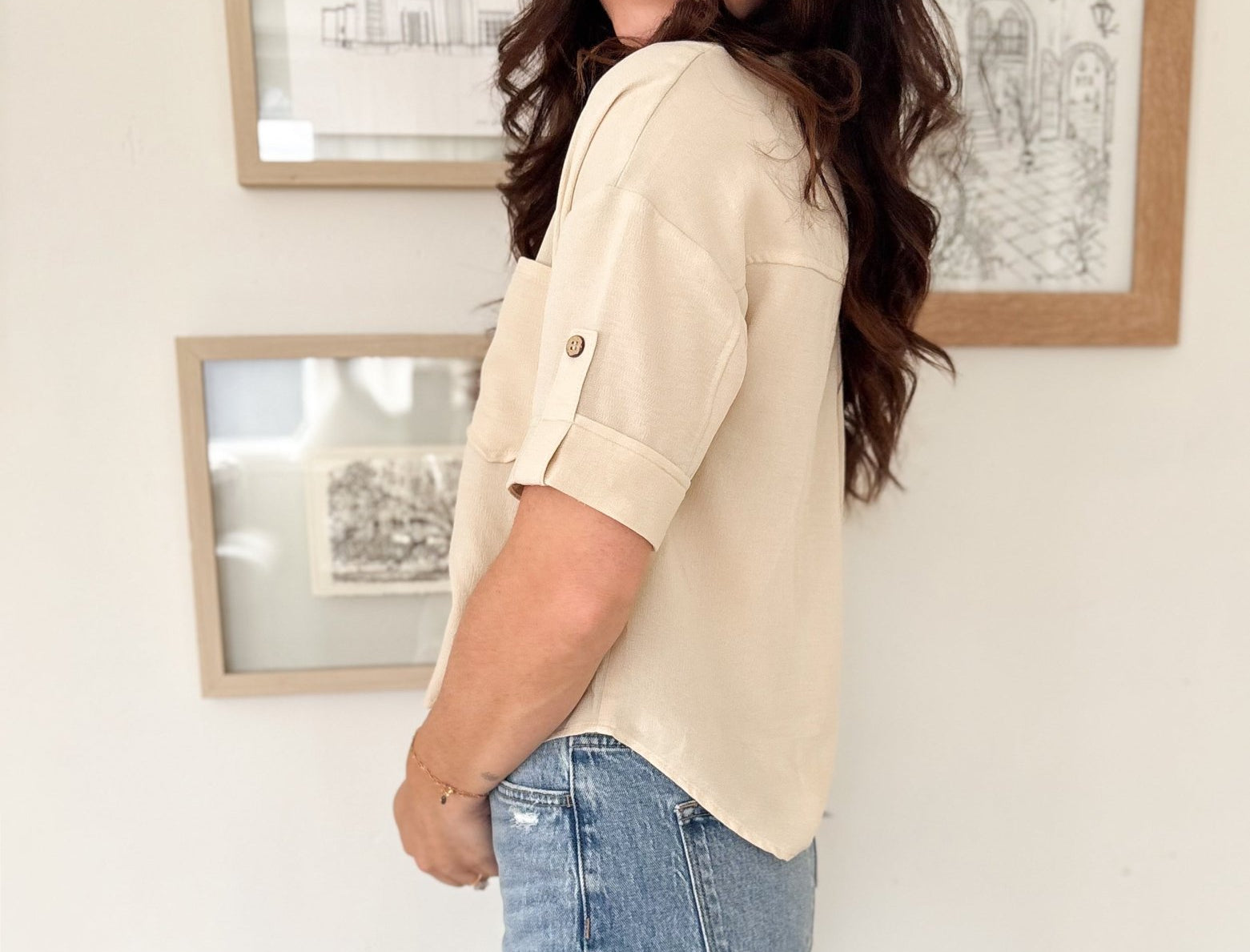 The Shea - Anne Collared V Neck Button Down Tab Sleeve Shirt - Love and Lee Apparel