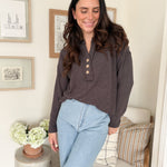 The Korey Half Button V Neck Long Sleeve Knit Top in Charcoal Grey - Love and Lee Apparel