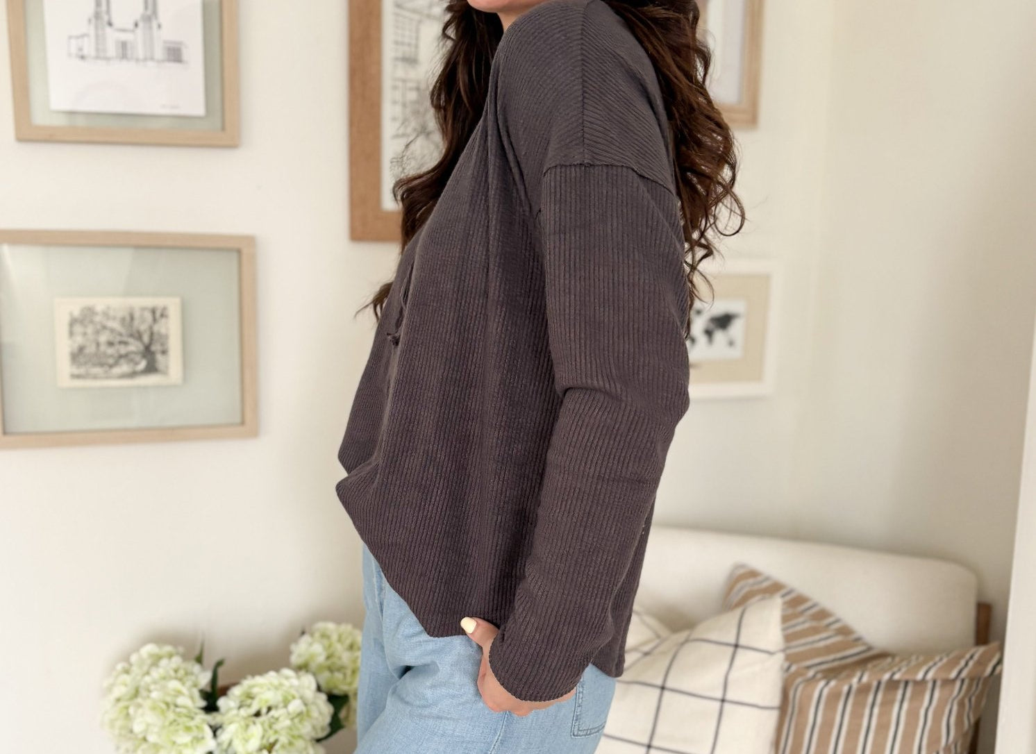 The Korey Half Button V Neck Long Sleeve Knit Top in Charcoal Grey - Love and Lee Apparel