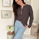 The Korey Half Button V Neck Long Sleeve Knit Top in Charcoal Grey - Love and Lee Apparel