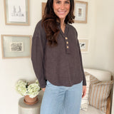 The Korey Half Button V Neck Long Sleeve Knit Top in Charcoal Grey - Love and Lee Apparel