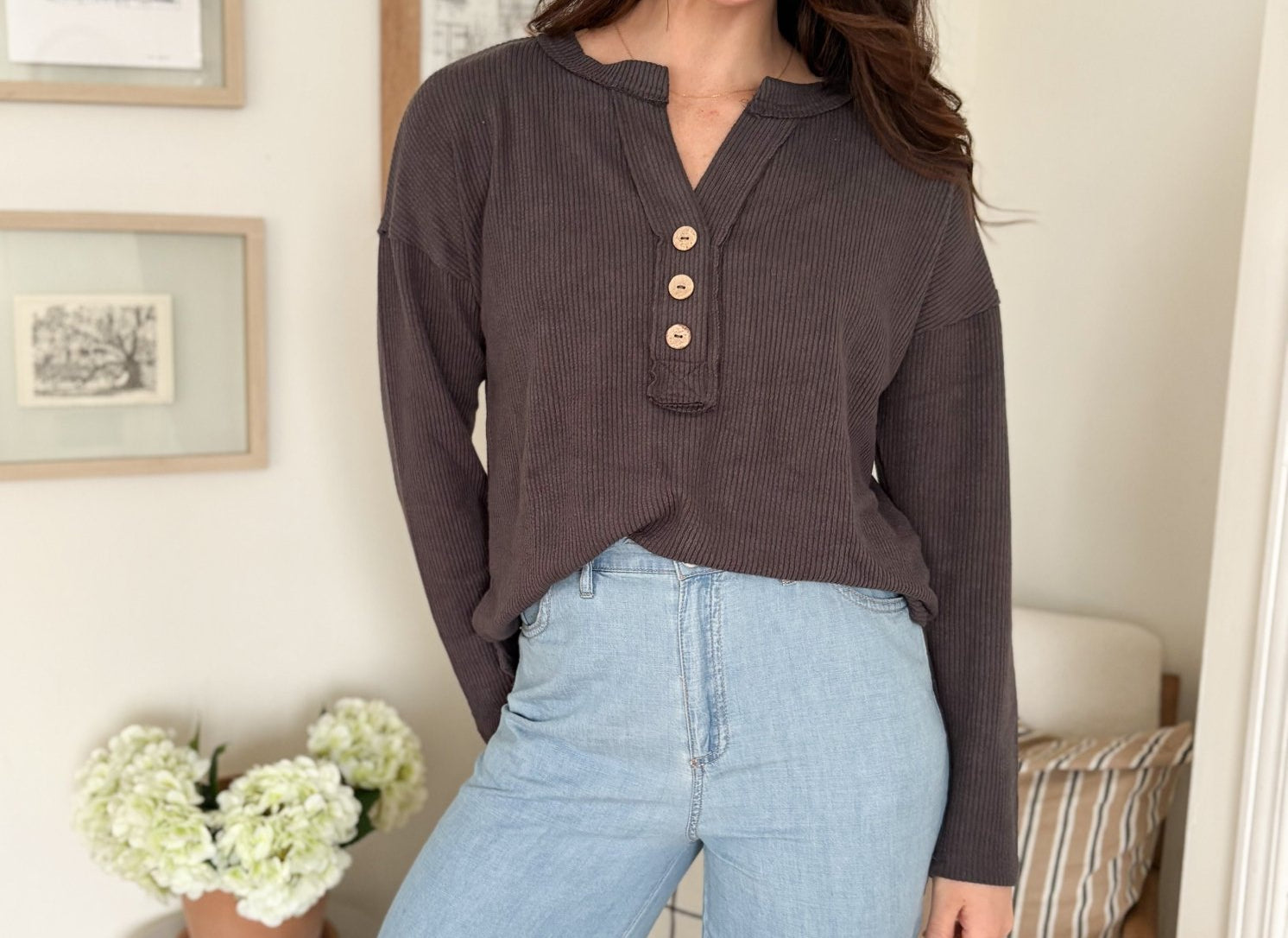 The Korey Half Button V Neck Long Sleeve Knit Top in Charcoal Grey - Love and Lee Apparel