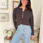 The Korey Half Button V Neck Long Sleeve Knit Top in Charcoal Grey - Love and Lee Apparel