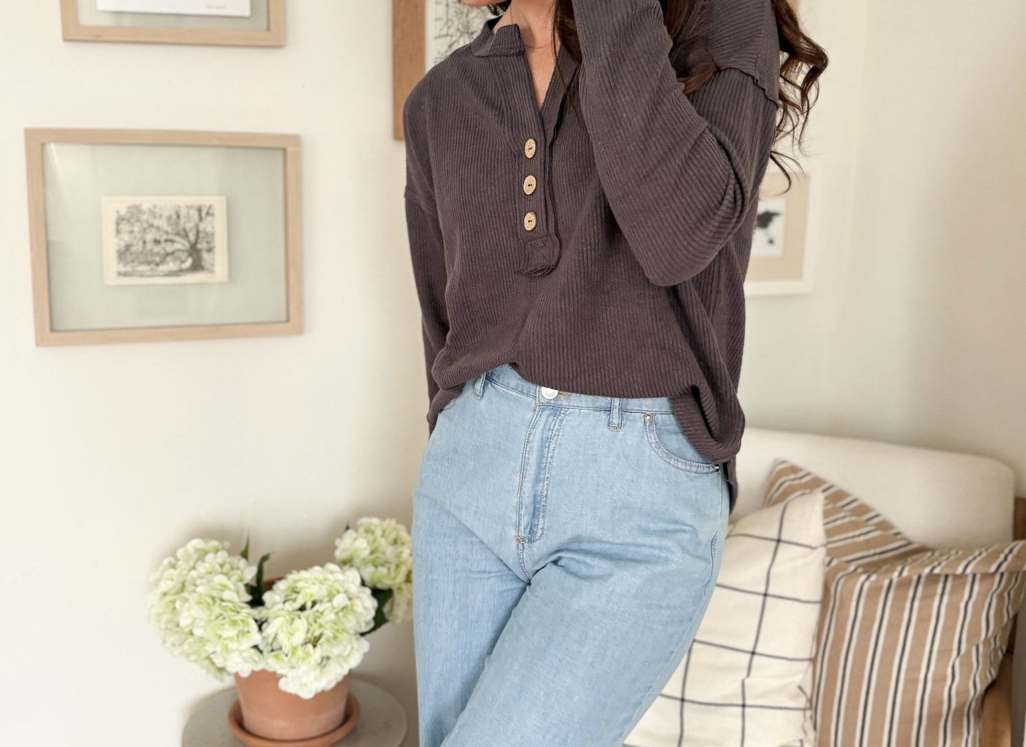 The Korey Half Button V Neck Long Sleeve Knit Top in Charcoal Grey - Love and Lee Apparel