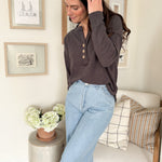 The Korey Half Button V Neck Long Sleeve Knit Top in Charcoal Grey - Love and Lee Apparel