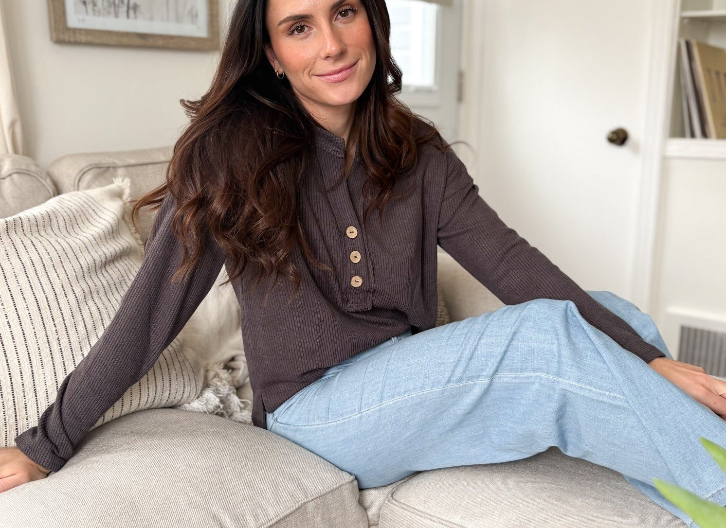 The Korey Half Button V Neck Long Sleeve Knit Top in Charcoal Grey - Love and Lee Apparel