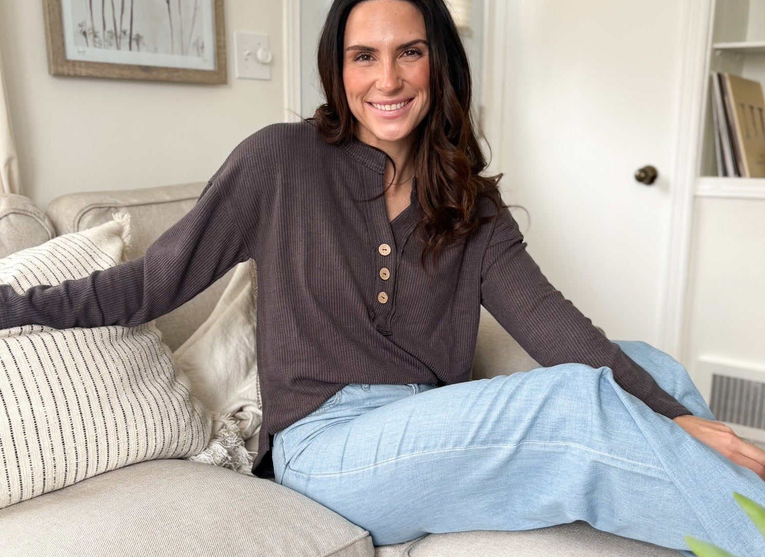 The Korey Half Button V Neck Long Sleeve Knit Top in Charcoal Grey - Love and Lee Apparel