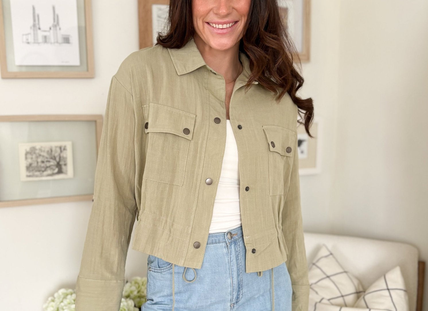 The Naideen Collared 3/4 Tab Sleeve Drawstring Waist Jacket in Olive - Love and Lee Apparel