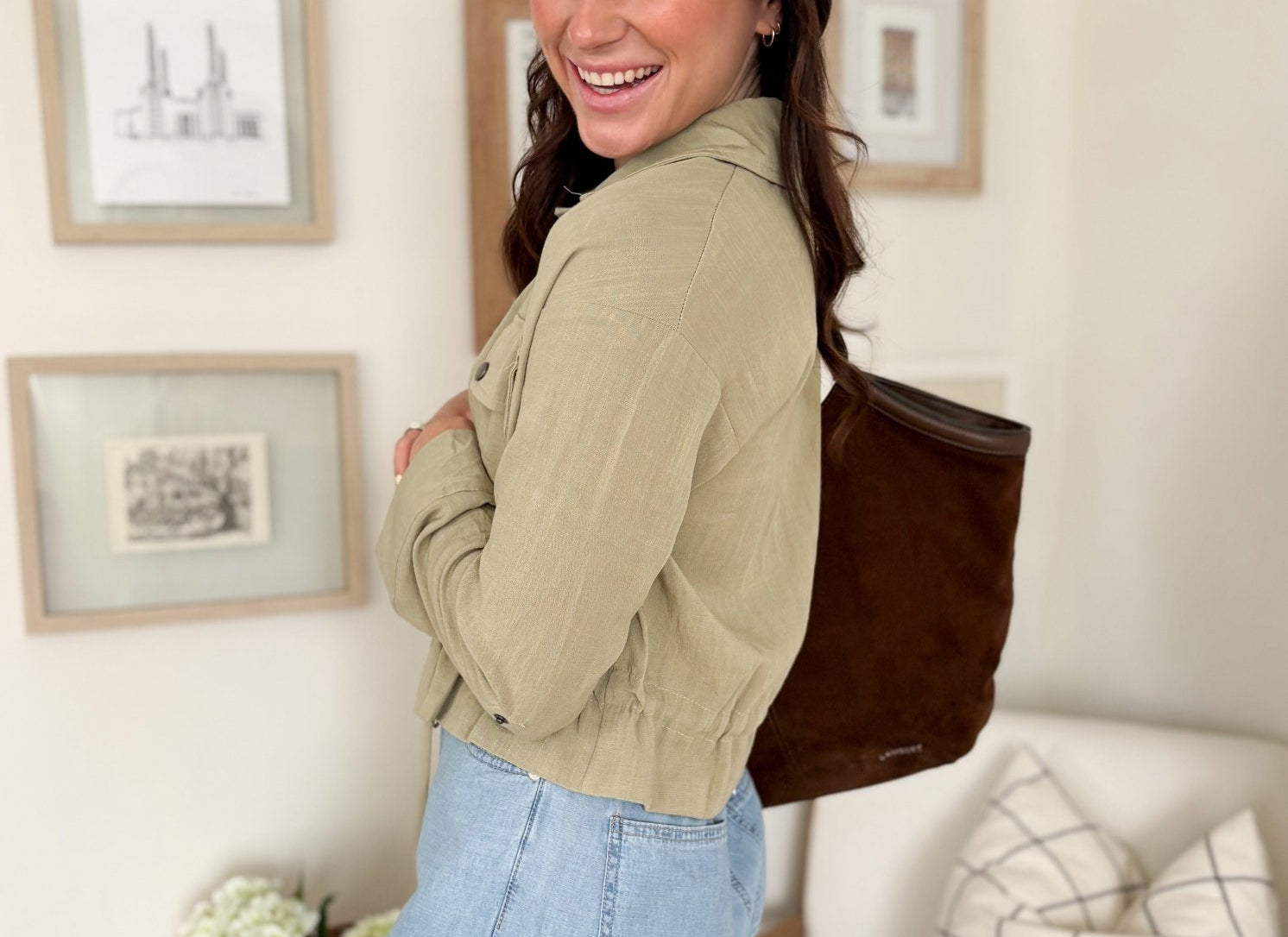 The Naideen Collared 3/4 Tab Sleeve Drawstring Waist Jacket in Olive - Love and Lee Apparel