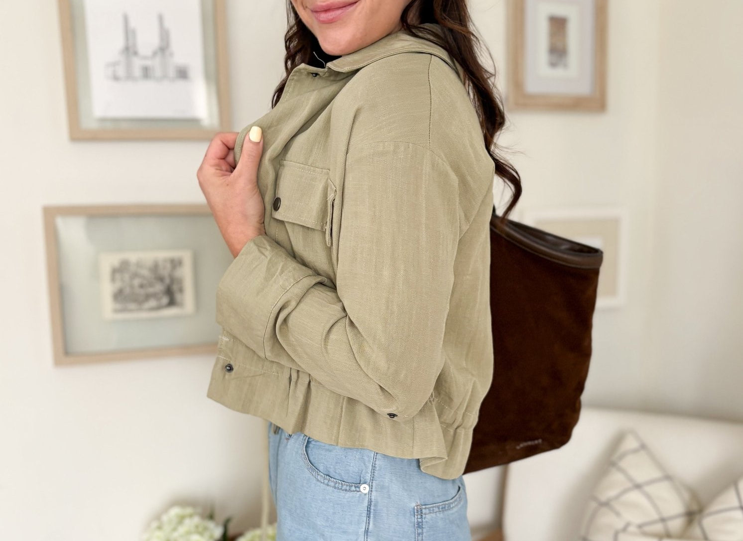 The Naideen Collared 3/4 Tab Sleeve Drawstring Waist Jacket in Olive - Love and Lee Apparel